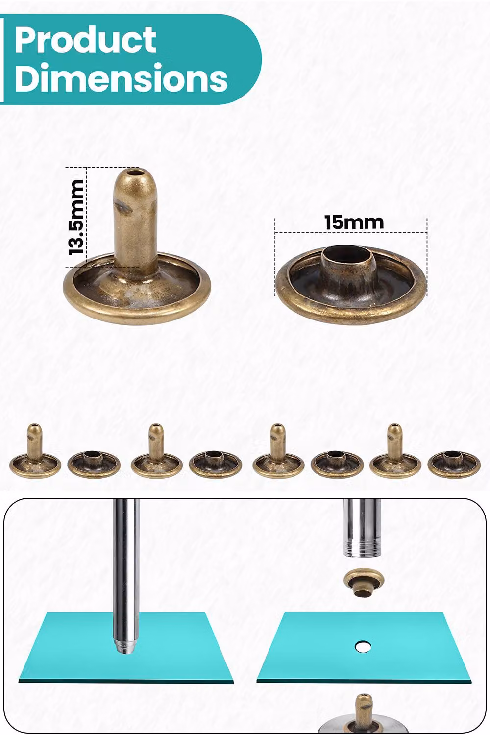 Neel Blue 15mm Double Cap Rivets, 100pcs Bronze Brass Tubular Metal Studs for DIY Projects – 2