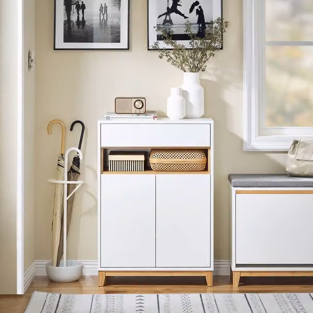 SoBuy Modern White Slim Entrance Cabinet with Bamboo Legs and Internal Shelves – 1