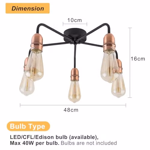Harper Living 5-Light Semi Flush Ceiling Light in Black and Copper Finish, Dimmable Industrial Chandelier with E27 Bulb Cap – 3