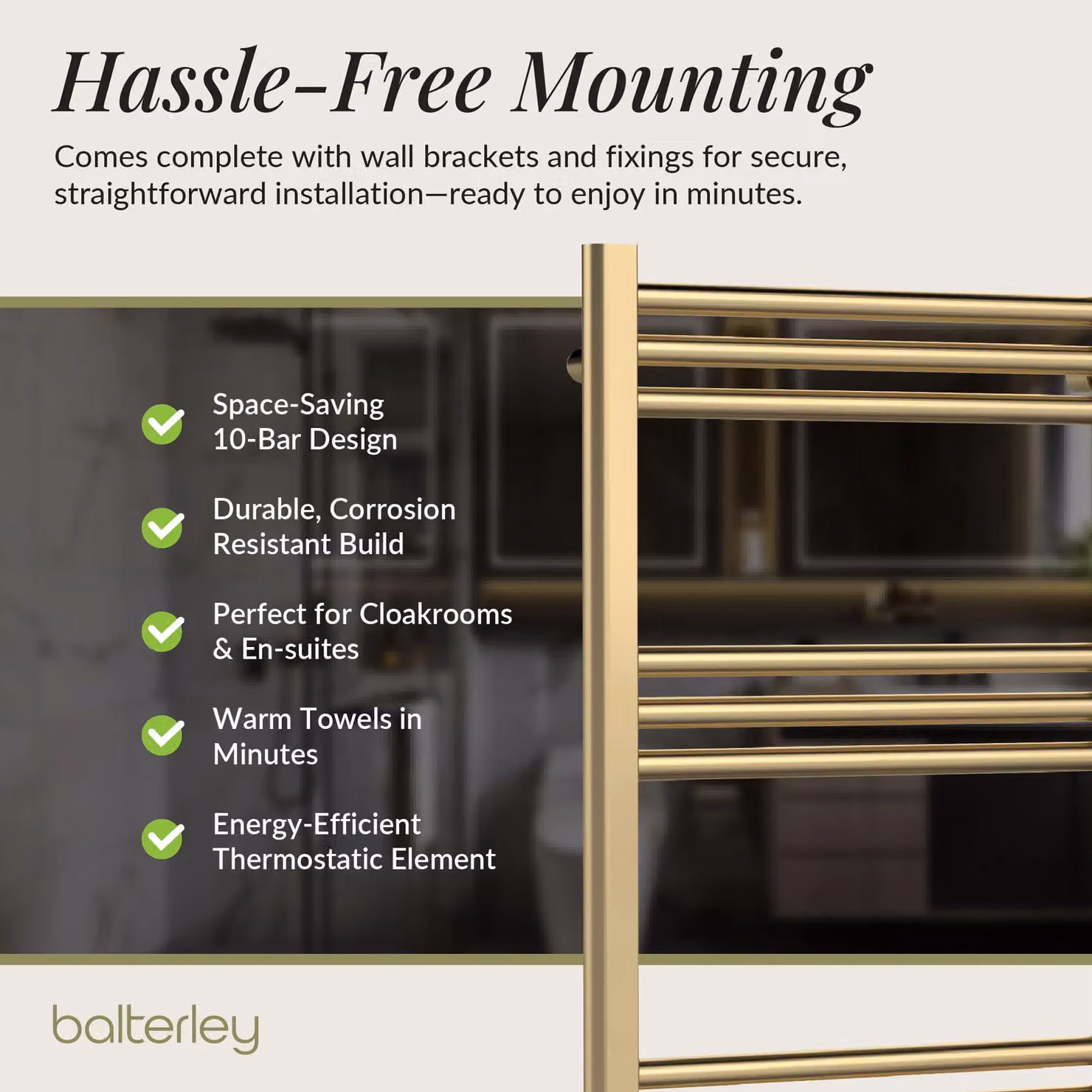 Balterley Round Tube 10 Bar Wall Mounted Towel Rail, Gold/Brass, W: 80 cm, D: 50 cm, H: 50 cm – 3