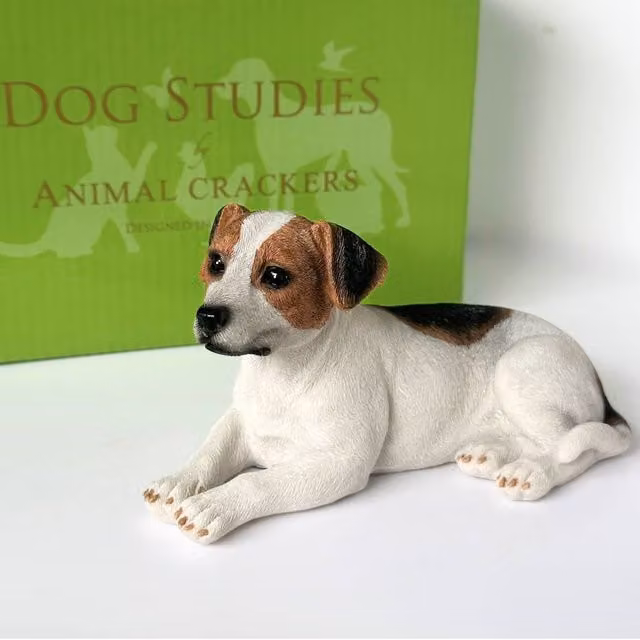 Animal Crackers Laying Jack Russell Terrier Dog Figurine, Multicolour and White