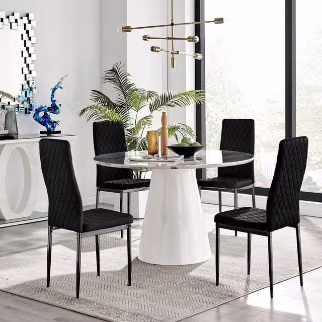 Furniturebox Palma Round White Marble Effect Dining Table and 4 Black Velvet Milan Chairs
