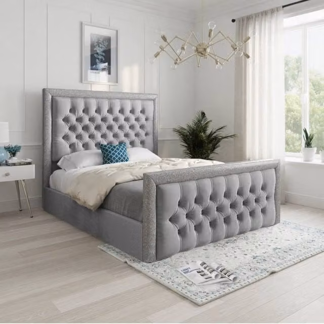 Casani Thorne Grey Velvet Upholstered Designer Bed Frame W/D/H: 144 x 137 x 200 cm – 1