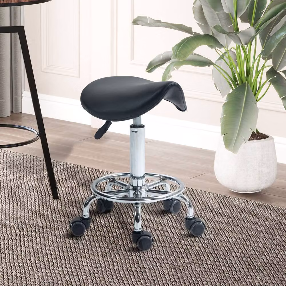 STILVORA Adjustable Height Saddle Stool in Black with Faux Leather and Castors – 2