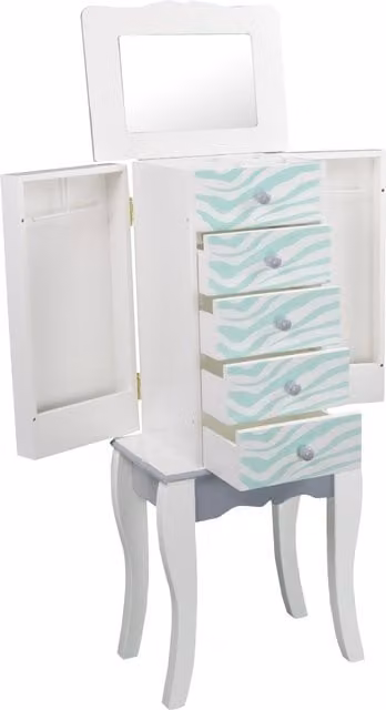 Teamson Kids White and Blue Lacquered Wooden Jewelry Drawer Armoire with Mirror for Children