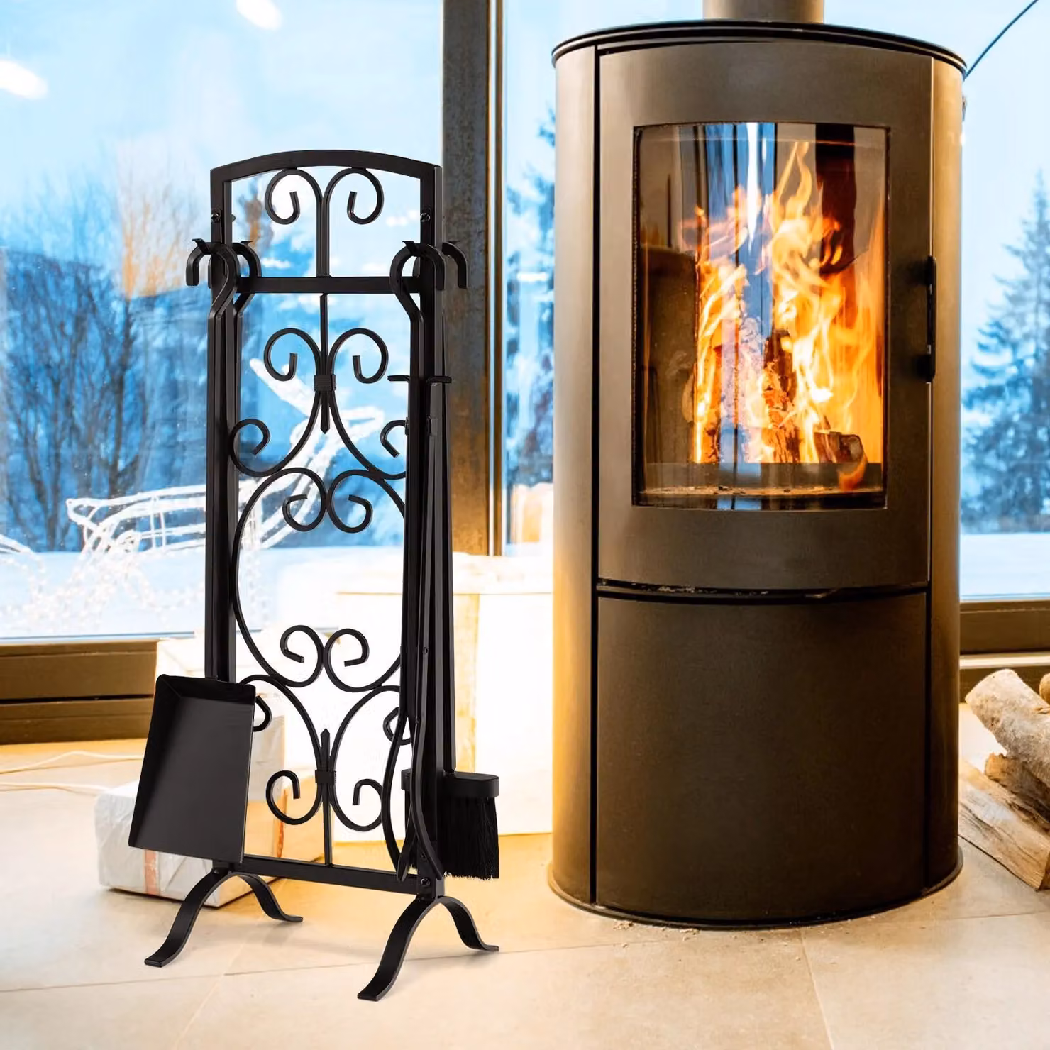 Costway 5 Piece Fireplace Tool Set with Easy-To-Grab Handles, Black – 4