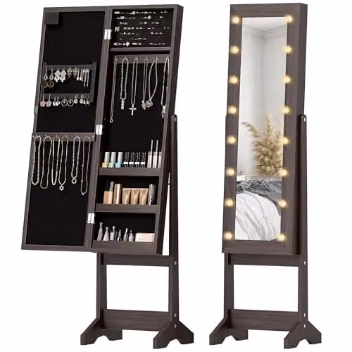 HOMCOM Freestanding LED Mirrored Jewelry Cabinet in Brown, H 136 x W 36 x D 30 cm – 1
