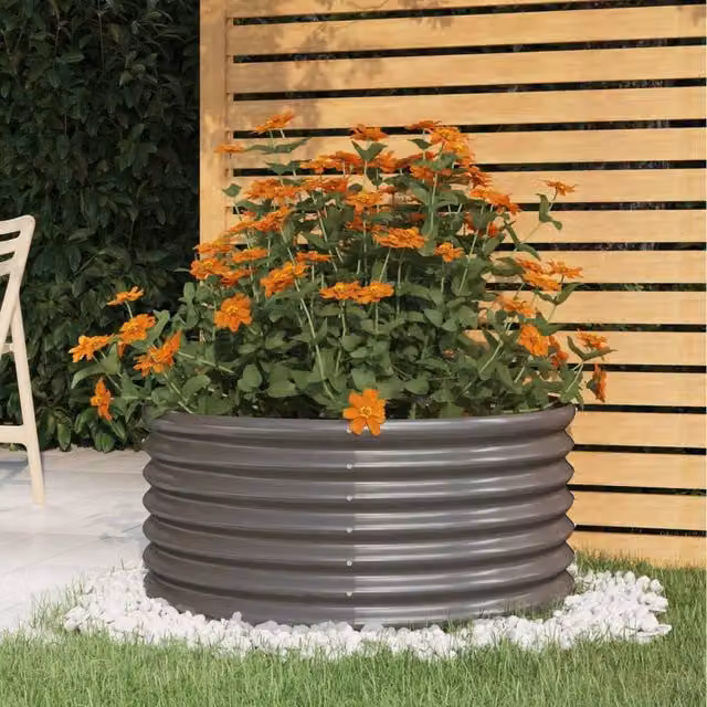 Berkfield Home Grey Powder-coated Steel Garden Planter Tub W: 80 cm, D: 80 cm, H: 36 cm