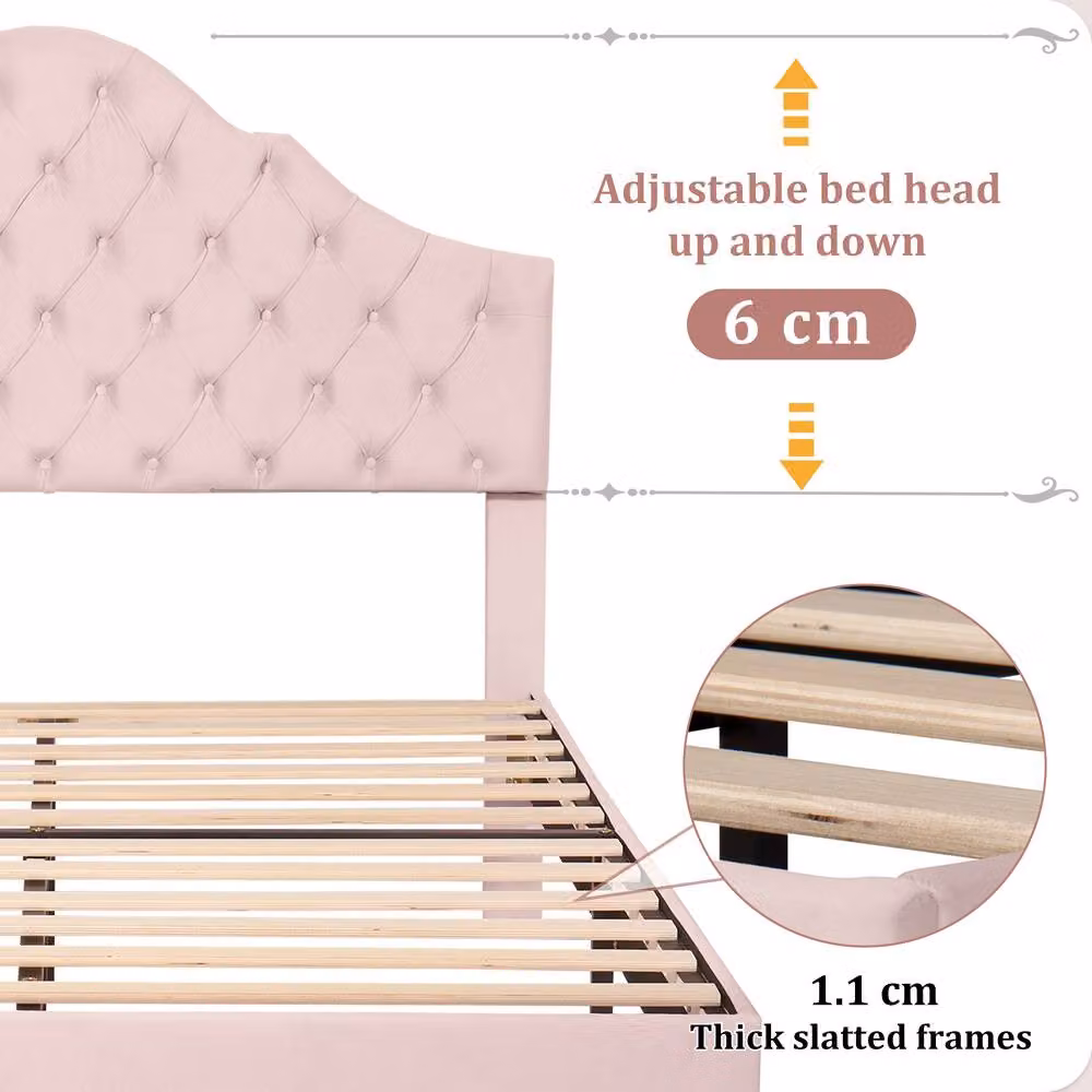 Merax Double Velvet Upholstered Bed Frame in Pink, W/D/H: 140 x 200 cm – 3