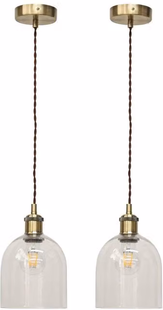 First Choice Lighting Belten Set of 2 Retro Pendant Lights with Transparent Glass Cloche and Antique Brass Finish