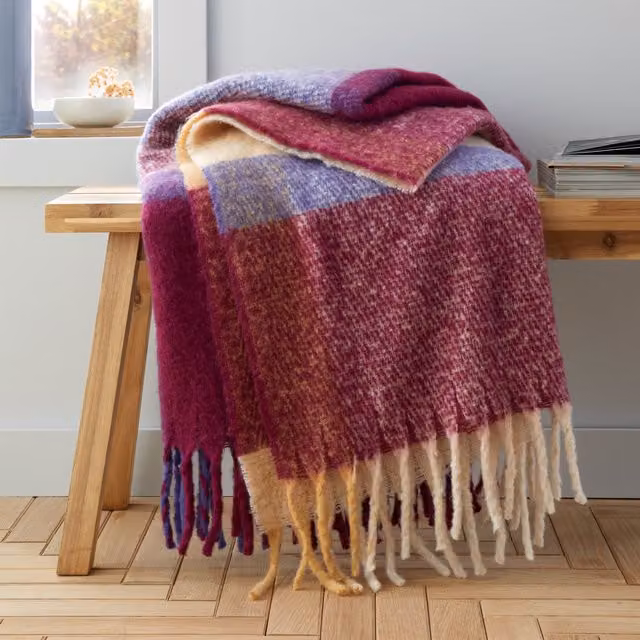 Catherine Lansfield Faux Mohair Fluffy Checked Throw in Plum Purple, W: 130 cm, L: 170 cm