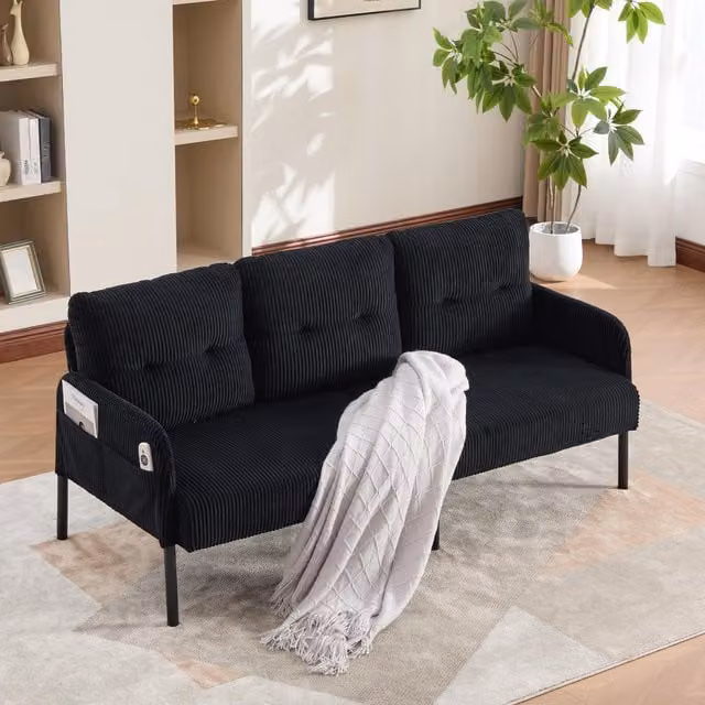 Aosom UK Oversized Two-Seater Corduroy Sofa in Black with Ergonomic Curves and Dual Side Storage Pockets, W/D/H: 171 x 72 x 80 cm – 1