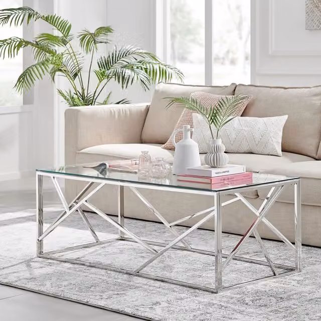 FurnitureboxUK Amalfi Rectangular Coffee Table with Silver Metal X-Frame and Transparent Glass Top