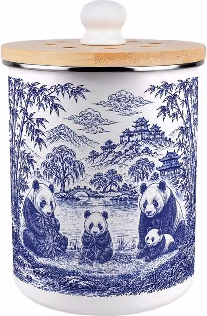 Purely Home Forest Pandas Metal Food Waste Caddy with Flip Lid, 2 l, Blue and White
