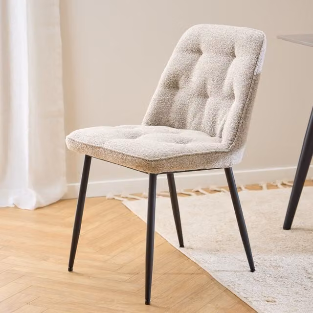 Furniture To Go Brooke Dining Chair Set of 2 in Beige Bouclé Fabric with Black Metal Legs