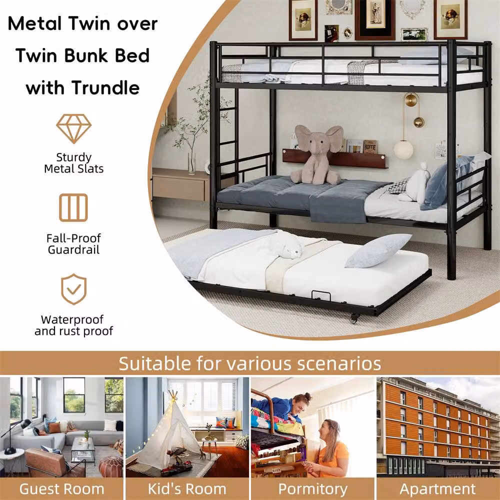 Direct Wicker Black Metal Three-Layer Bunk Bed with Pull-Out Bed, Size: 90 x 200 cm – 3