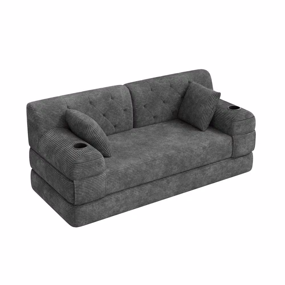 BTM 2 Seater Corduroy Sleeper Sofa with Cup Holders and Side Pockets in Dark Grey – 5