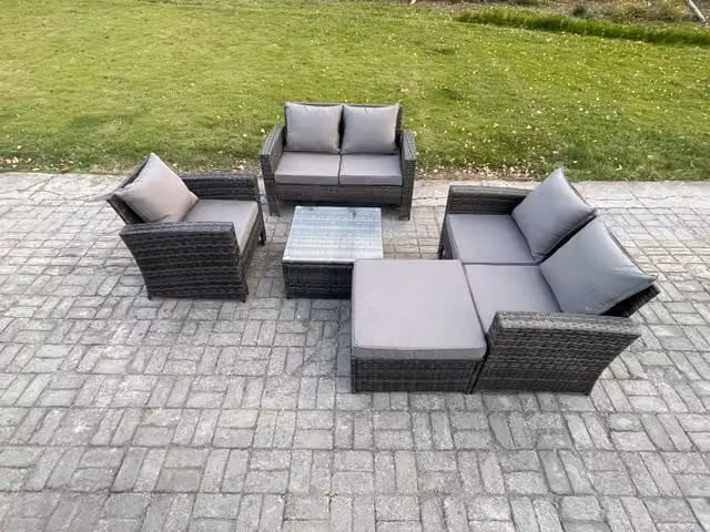 Fimous Modern Polyrattan Garden Furniture Set in Dark Grey with 2-Seater Sofa, Armchair, Coffee Table and Ottoman