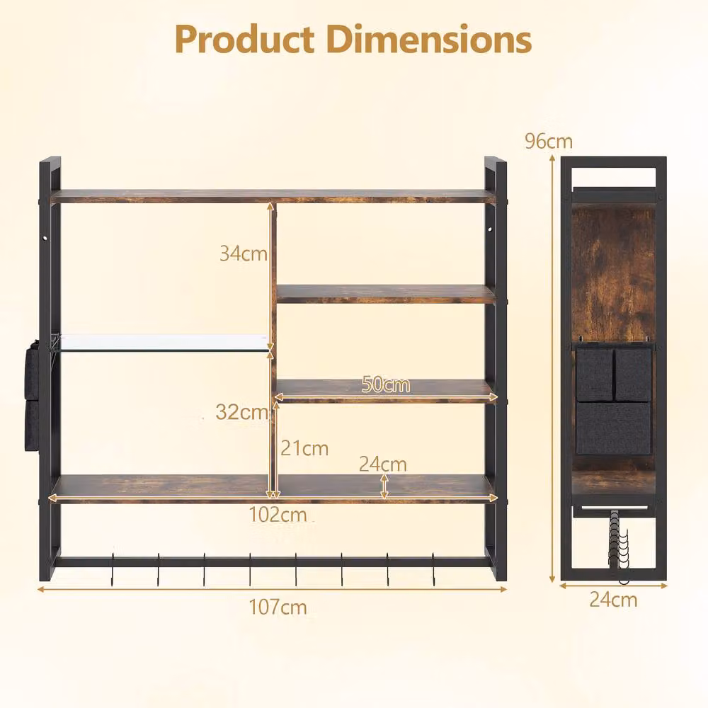 Costway 6-Tier Brown Wall Mounted Floating Shelves with Integrated Lighting and Remote and App Control – 2