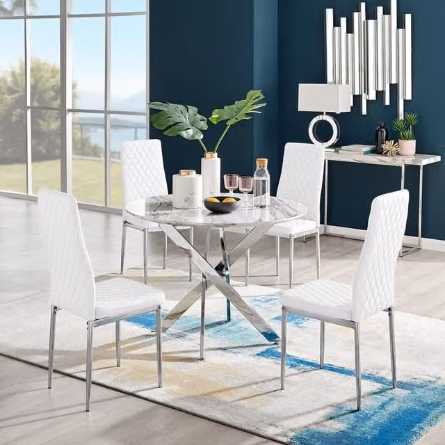 FurnitureboxUK Novara White Marble Effect Round Dining Table and 4 Milan Chrome Leg Chairs in White and Silver
