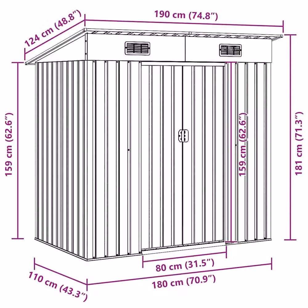 Berkfield Home Green Metal Pent Garden Shed with Sliding Doors, W/D/H: 190 x 124 x 181 cm – 4