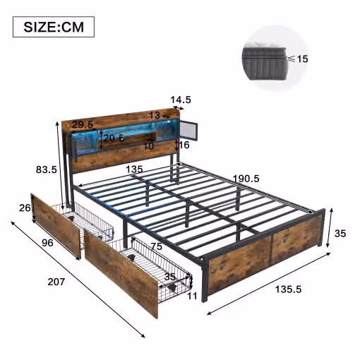 Matteo Metal Double Bed in Black with LED Under-Bed Lighting, 2 Drawers and USB Charging Ports, W/D/H: 140 x 200 cm – 3