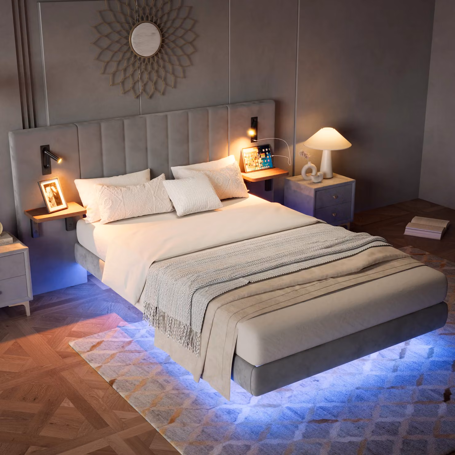 Matteo Grey Upholstered Double Bed with Integrated Reading Lights, USB Charging Port and Bedside Shelves, W: 140 cm, D: 200 cm, H: 135 cm – 2