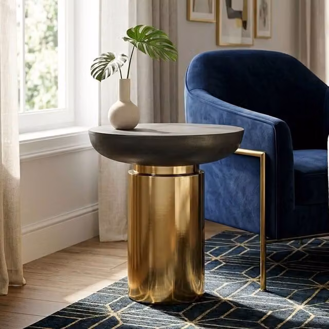 Orsina Black and Gold Round Metal Side Table with Central Column, W/D/H: 45 x 45 x 51 cm – 1