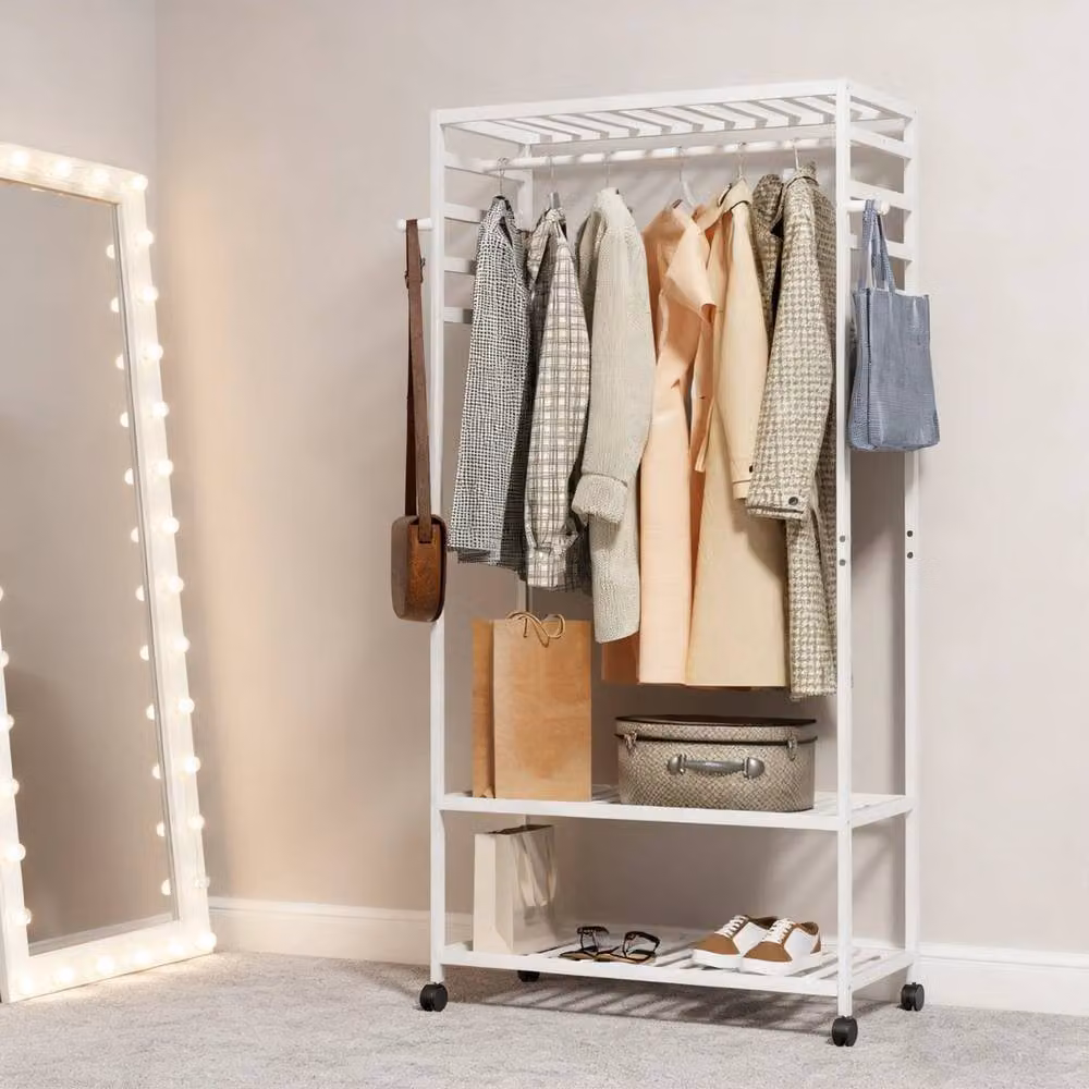 KORVIXA White Bamboo Clothes Rail and Coat Rack with Dual Hook and Rail Matrix – 3