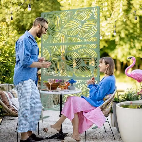 Outsunny Metal Outdoor Privacy Screen Panel with Stand, Leaf Style, Green – 2