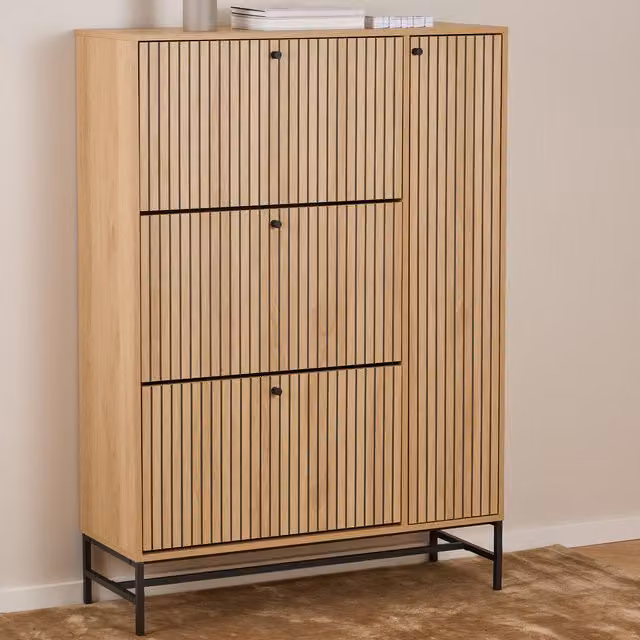 Furniture To Go Albany Shoe Cabinet in Oak and Black with 3 Flip Down Doors and 1 Pull Open Door