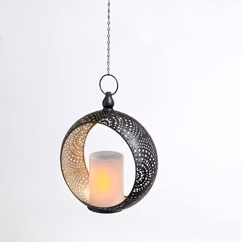 mysmartbuy Metal Hanging Lantern with Solar Powered LED Candle, Black and Gold Outdoor Garden Ornament, H60 x W24 x D10 cm – 2