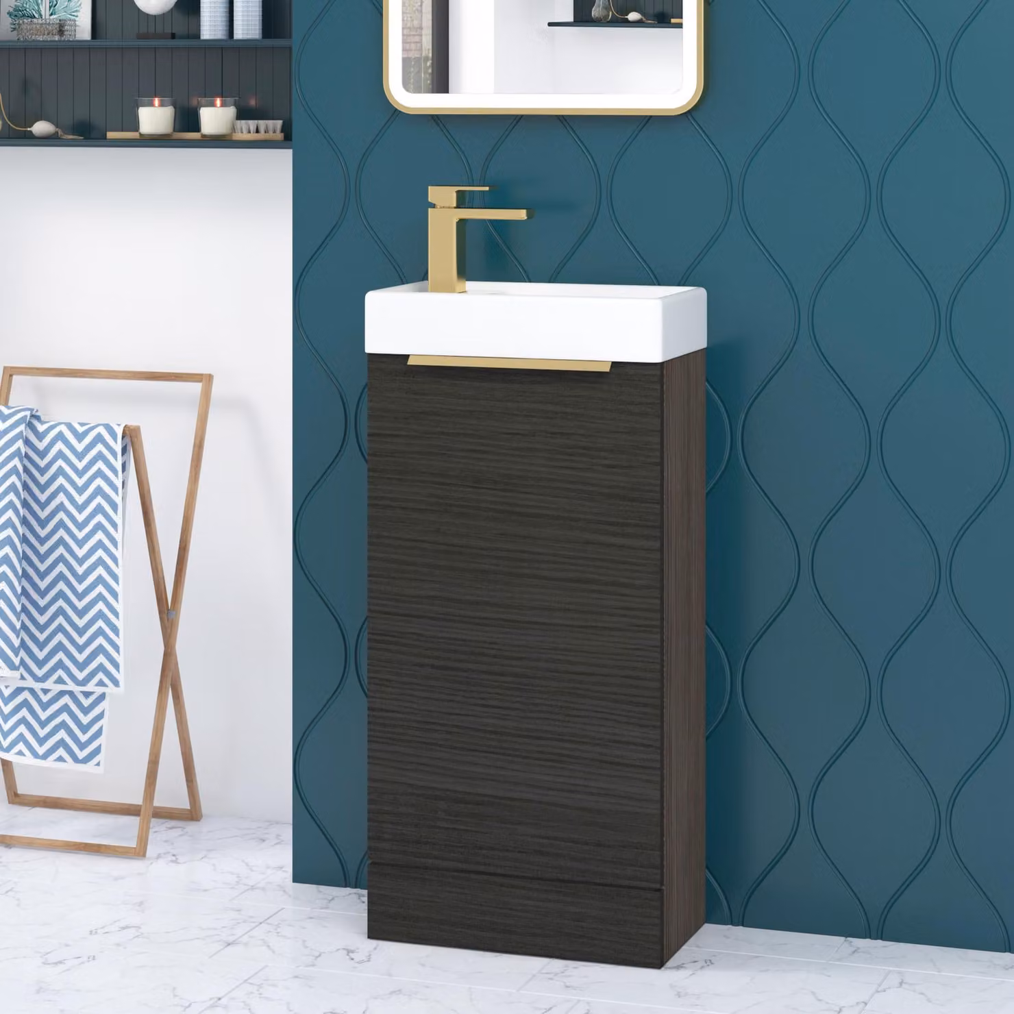 Royal Bathrooms Como 400mm Floor Standing Cloakroom Vanity Unit with Basin and Brushed Brass Handle
