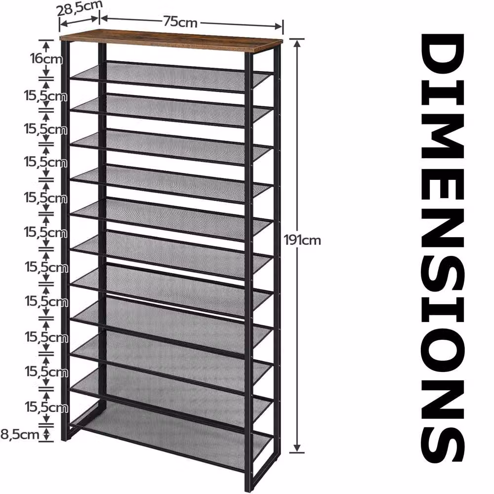 FURNOS 12-Tier Large Hallway Shoe Rack Storage Organiser in Brown and Black, W/D/H: 75 x 28.5 x 191 cm – 4