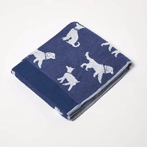 HOMESCAPES Navy Blue Dog Pattern Cotton Hand Towel, 500 GSM Super-Absorbent and Soft – 1
