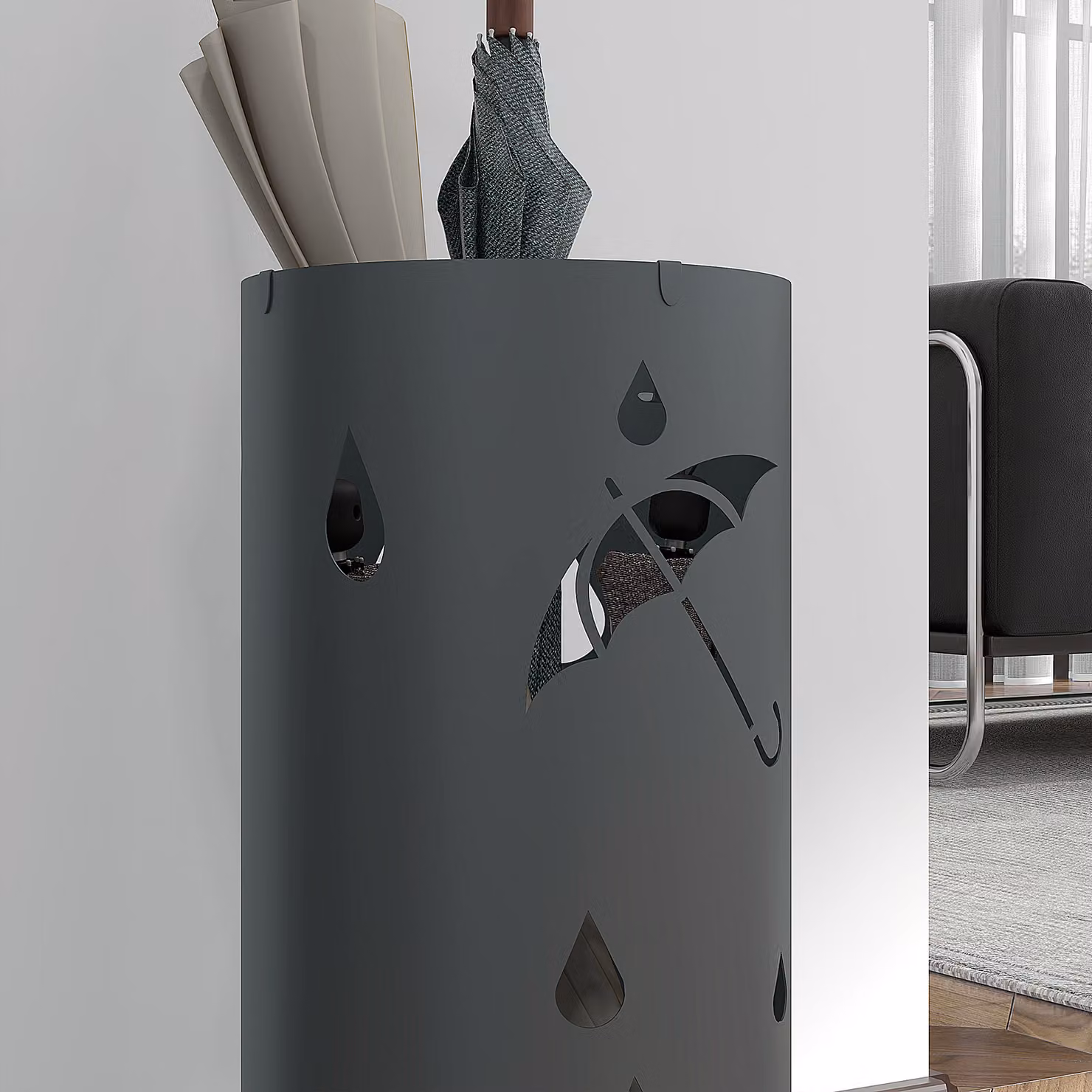 HOMCOM Circular Umbrella Stand with Hooks and Removable Water Tray, Dark Grey – 8