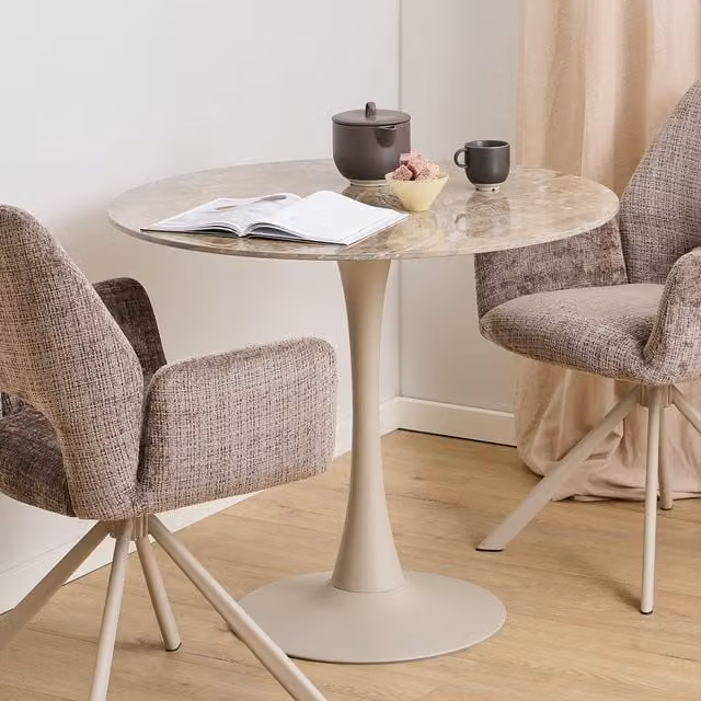 Furniture To Go Malta Round Modern Dining Table with Brown Glossy Ceramic Top and Grey Base