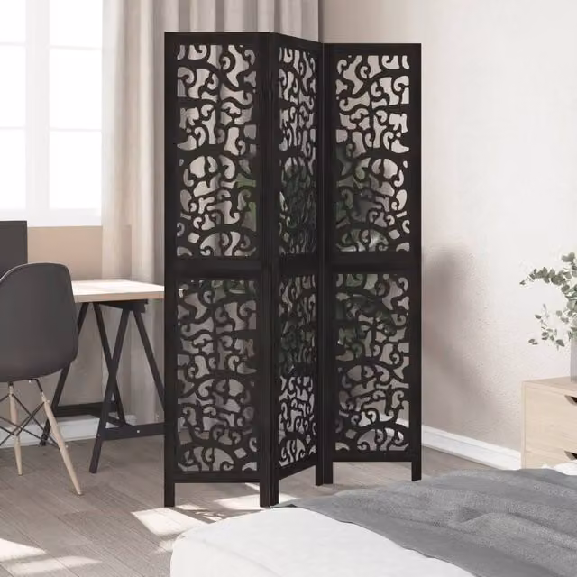 Berkfield Home 3-Panel Black Solid Wood Paulownia Room Divider, H 180 cm x W 330 cm (3 x 110 cm)