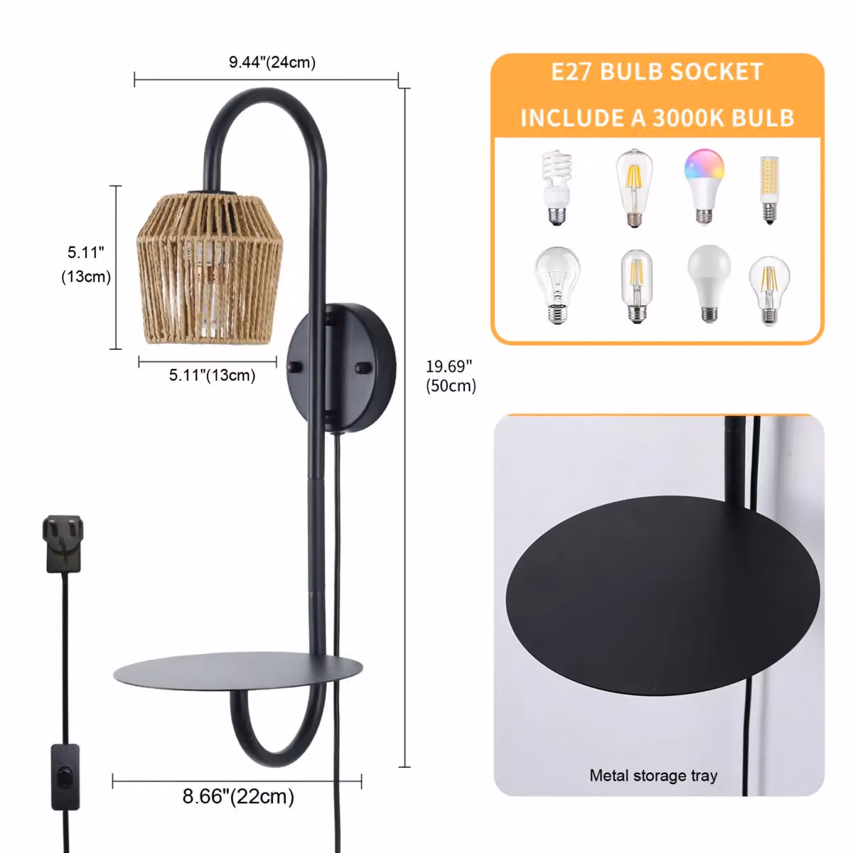 Garwarm Black Armed Plug-in Wall Sconce with Height Adjustable Metal Design – 4