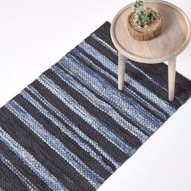 Homescapes Texas Blue Striped Woven Leather and Cotton Rectangular Rug, Width: 200 cm