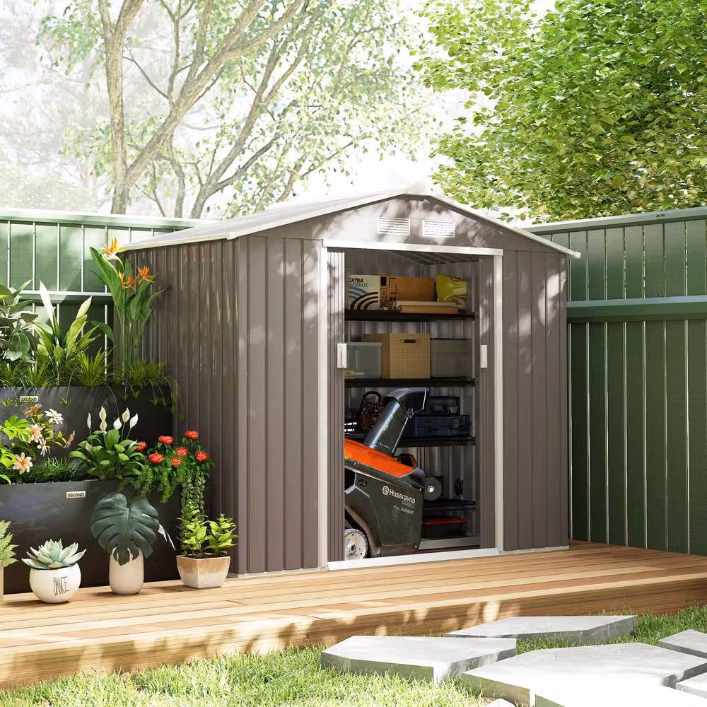 STILVORA Grey Galvanised Steel Pent Garden Storage Shed with Sliding Doors, H 213 cm x W 130 cm x D 119 cm – 2