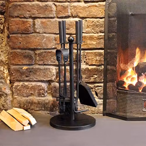 HomeZone Fireplace Companion Set in Black with Poker, Tongs, Shovel and Brush – 3