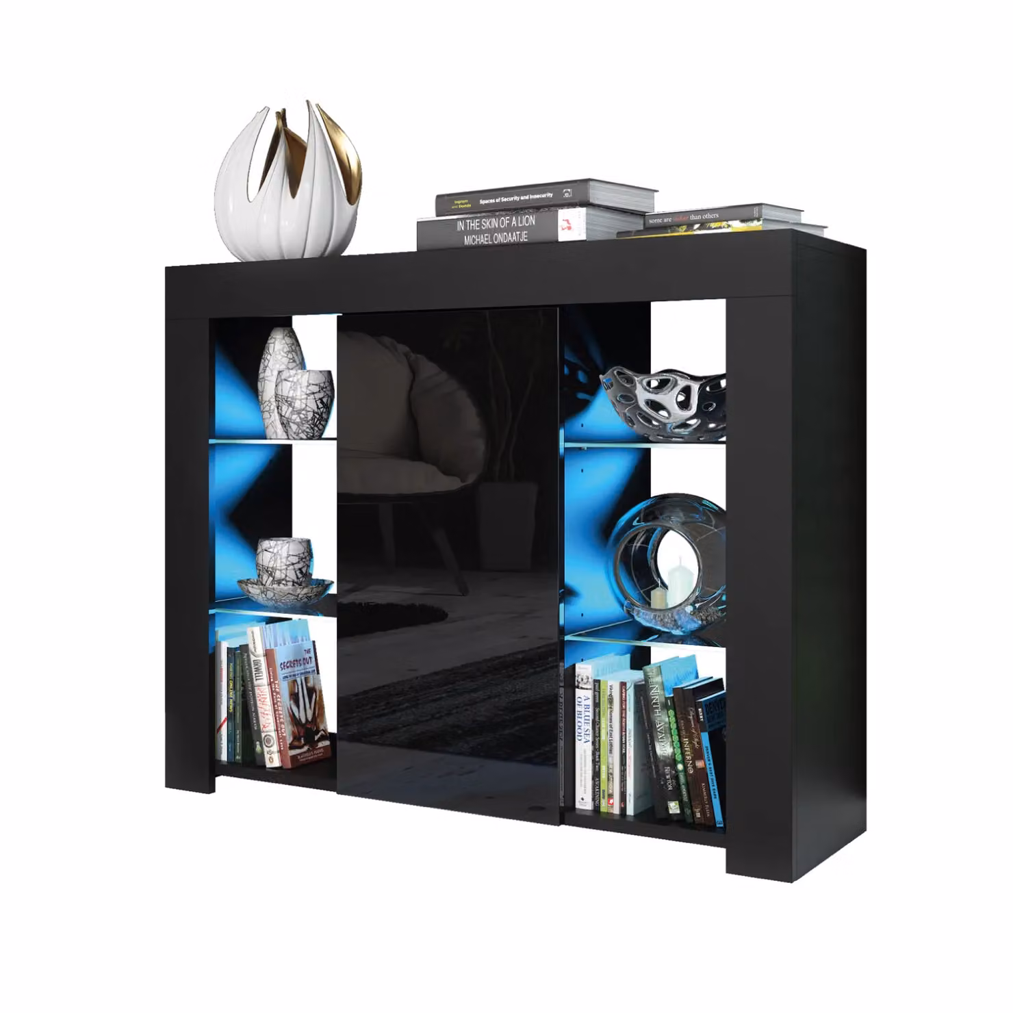 Creative Furniture Harbor Sideboard in Black with Glossy Glass Doors and Integrated LED Lighting, W/D/H: 97 x 35 x 83 cm – 3