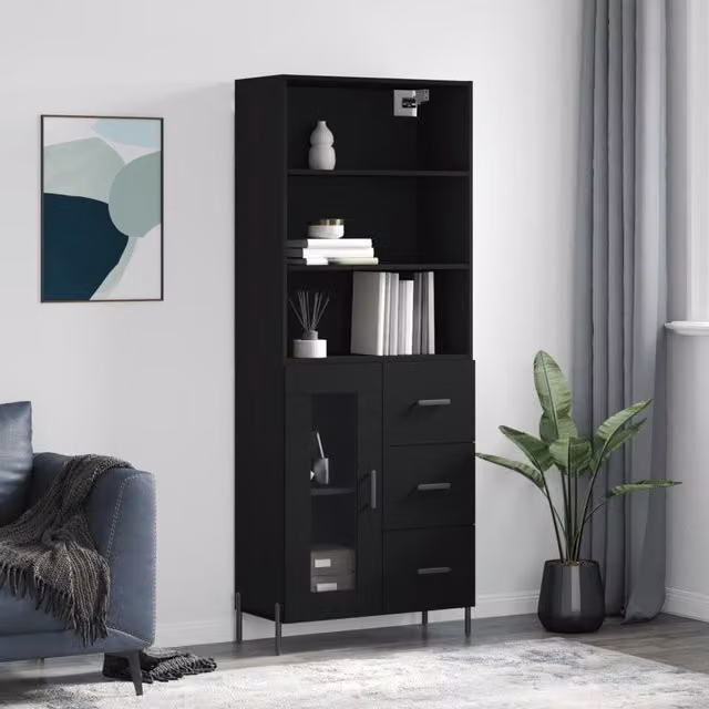 Berkfield Home Black Modern Highboard with Glass Doors and Internal Shelves, W: 69.5 cm, D: 34 cm, H: 180 cm