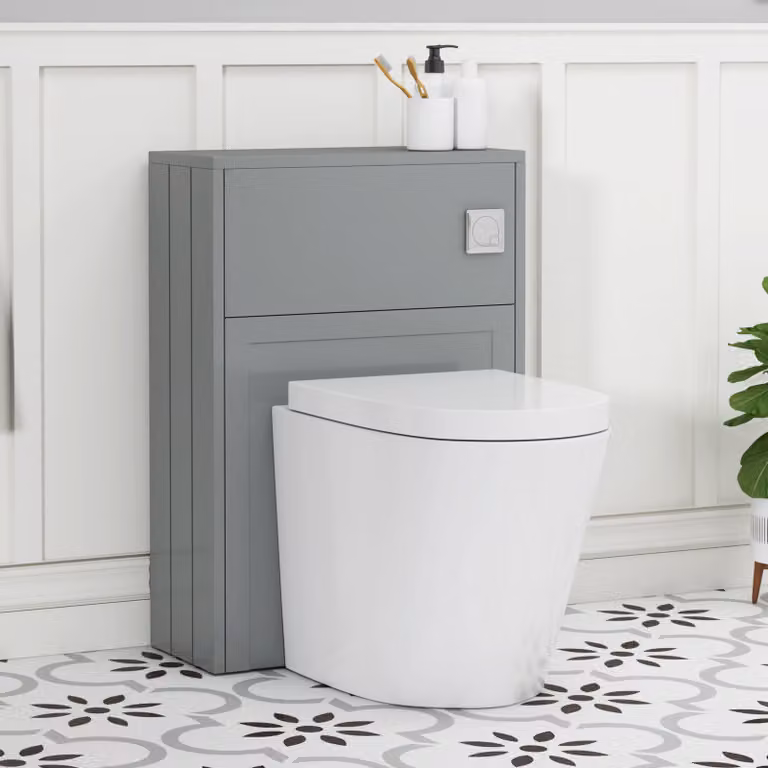 Royal Bathrooms Elmore Wall Mounted WC Unit in Matt Pebble Grey with Cesar Rimless Ceramic Toilet Pan, Seat and Cistern, Width: 55 cm