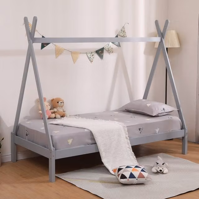 SlumberWorx Harry Kids Wooden Teepee Single Bed Frame with Grey Mattress, Pine Wood, 90 x 190 cm
