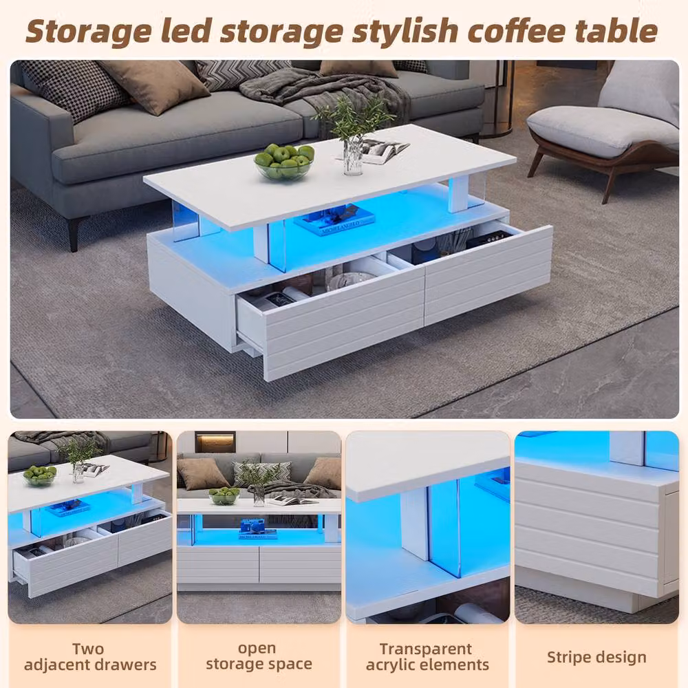Merax Rectangular LED Coffee Table with 2 Drawers and Open Storage Compartment in White – 4