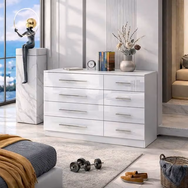 Harmin White 8 Drawer High Gloss Chest of Drawers – 1