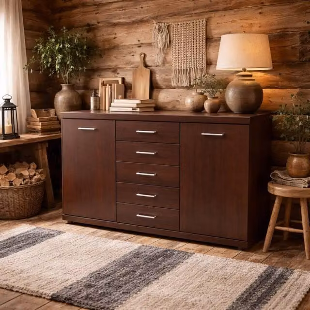 Wyld Haus Sonderborg Wide Sideboard in Dark Brown with 2 Doors and 5 Drawers – 1