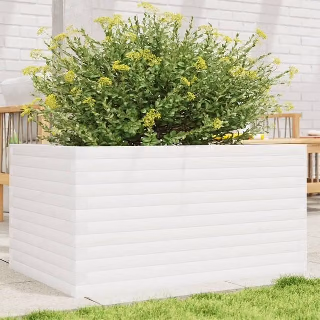 Berkfield Home White Solid Wood Pine Garden Planter Tub W: 90 cm, D: 60 cm, H: 46 cm